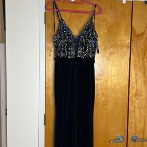 Betsy & Adam Embellished Navy Evening Gown